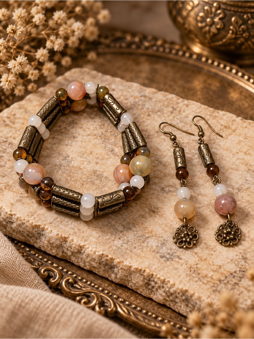 Genuine Dragon Vein Agate Bracelet & Earrings Set – Antique Bronze